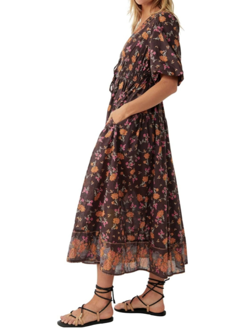Free People S/P Floral Boho Maxi Dress Deep V Smocked Waist Brown - Picture 8 of 10